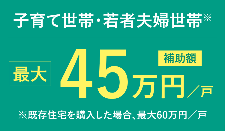 子育て世帯・若者夫婦世帯。補助額 最大45万円／戸。※既存住宅を購入した場合、最大60万円／戸